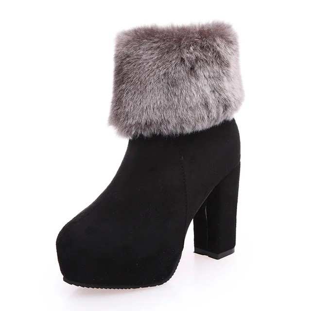 Women Boots Winter High Heels Ankle Boots Fur Bow Thick Heels Short