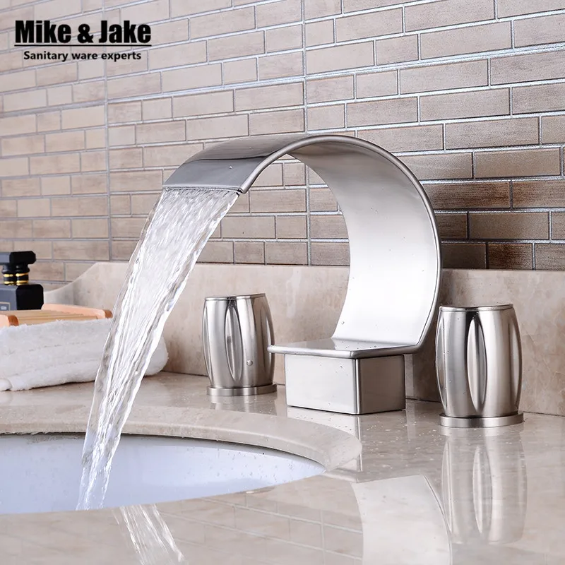 

Deck three hole Double Handles Bathroom waterfall faucet Brush Finished three hole bathroom faucet Crane Sink waterfall tap