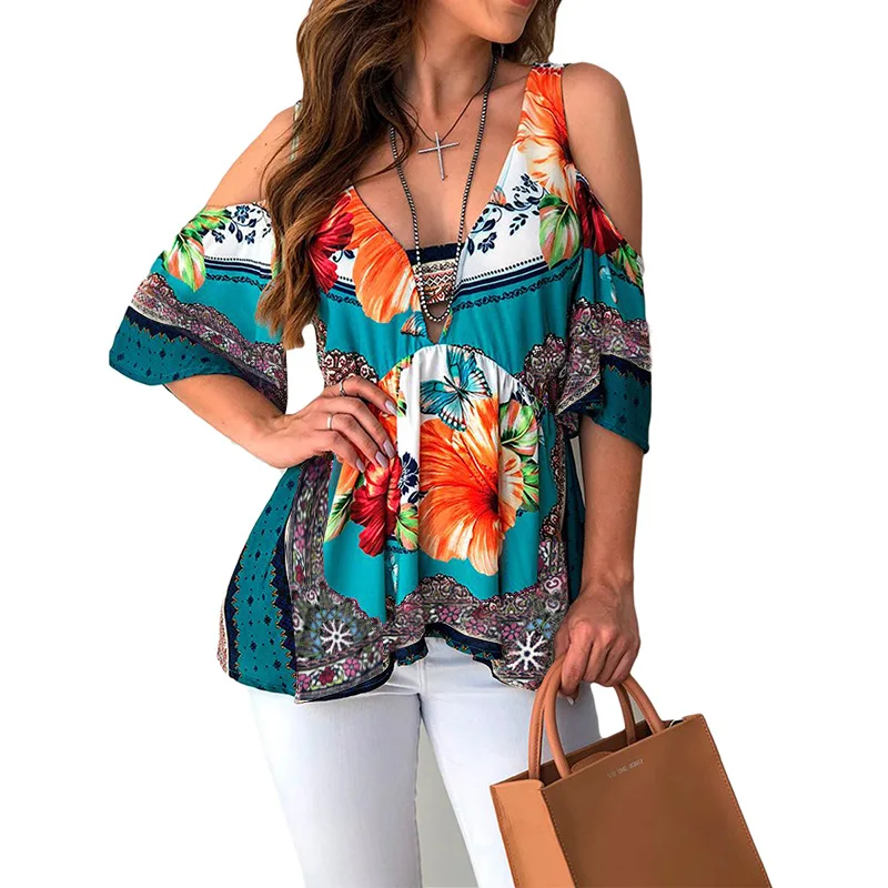 

New Women's T-Shirts Sexy Off Shoulders V Collar Printed T Shirt Plus Size Tops S-3XL Bohemian Beach Shirts Streetwear Clothing