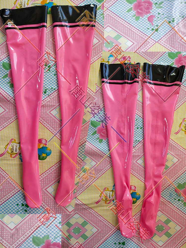 

SEXY PINK LATEX THIGH HIGH STOCKINGS WITH BLACK TRIMS CUSTOMIZED