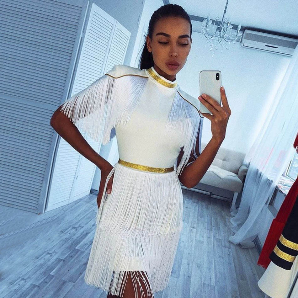 Adyce 2019 New Summer Women Celebrity Evening Runway Party Dress Sexy Red White Fringe Tassels Short Sleeve Club Dress Vestidos