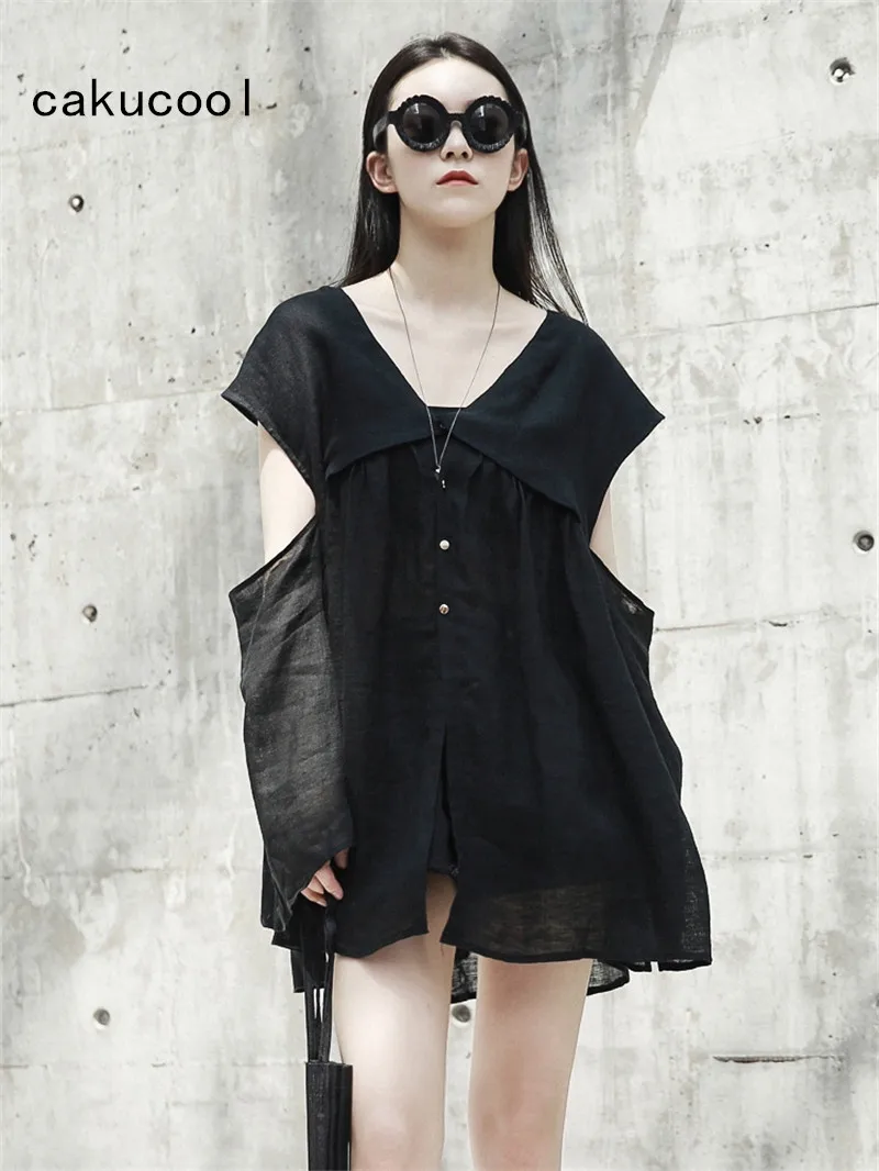 

Cakucool New Summer Blouse Women Japanese Two ways Wearing Loose Sun protective Shirt Tops Gothic Black Linen Blusa Feminina