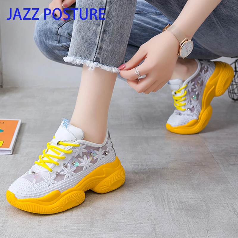 

street breathable mesh yellow sneakers women comfortable platform crystal floral spring summer shoes woman flats y748