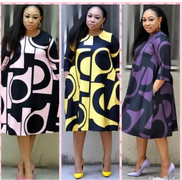 

2019 new African women's dress digital print round collar basic a-line sleeve dress