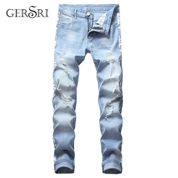 

Gersri Plus Size 36 38 40 Men Jeans Light Blue Men's Ripped Biker Skinny Jeans Stretch Elastic Fashion Pencil Jeans Softener