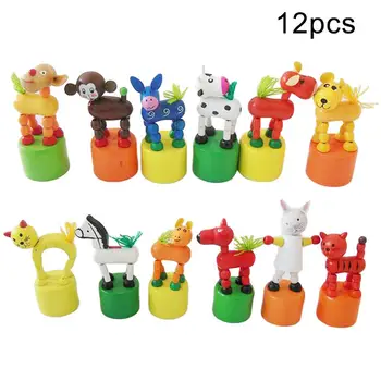 

12Pcs/Set Wooden Animal Push up Press Moving Doll with Base Interactive Kids Toy