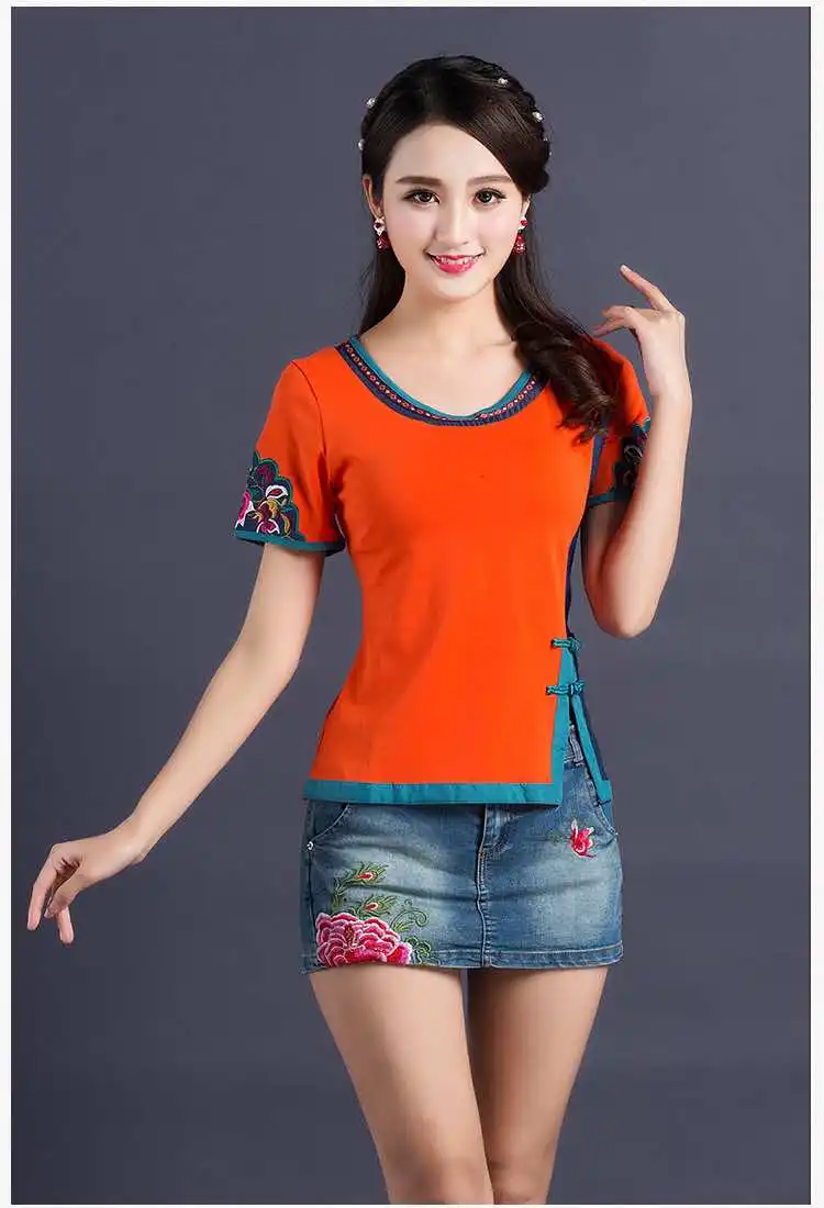 KYQIAO Мехико стиль Этническая короткий рукав О-образный вырез Лоскутная рубашка женская летняя хиппи Вышивка лягушка блузка блуза - Цвет: Оранжевый