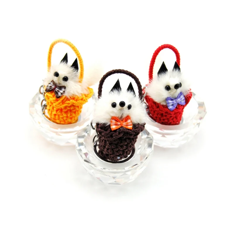 

Fashion Cute Mink Fur Dog Braided Basket Pompom Key Ring Chain Women Fluffy Keychain Bag Charms Toy Doll Car Keyring Party Gift