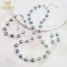ASHIQI набор украшений из натурального жемчуга в стиле барокко, ожерелье из пресноводного жемчуга, браслет, серьги для женщин, Новое поступление, NE+ BR+ EA