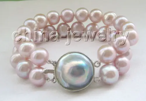 

fast shipping> 2row 8" 12mm purple round freshwater pearl bracelet-925 silver blister pearl
