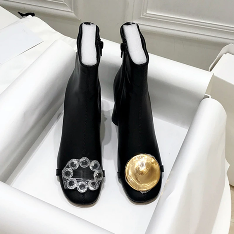 

Bota Feminina Genuine Leather Round Toe Crystal Gold Embellished Women Boots Block High Heel Ankle Boots Zip Side tenis feminino