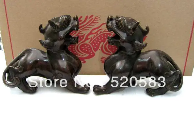 pair kylins dragon statues vivid Bronze Chinese Antique