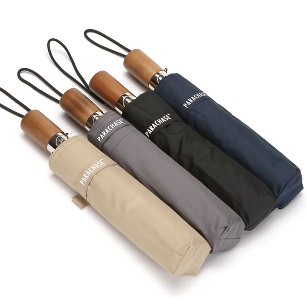 

Original Brand Three Folding Umbrella Automatic Wooden Handle Auto Rain Umbrellas Men Women 8K Simple Style New Fashion Paraguas