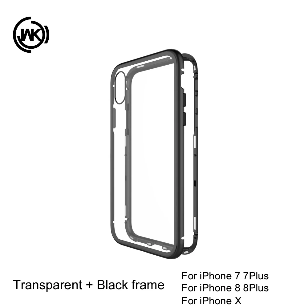 Дизайн WK Магнитный поглощающий чехол для телефона для iPhone X 7 8 Plus чехол из закаленного стекла задняя крышка роскошный алюминиевый чехол для телефона - Цвет: Transparent Black