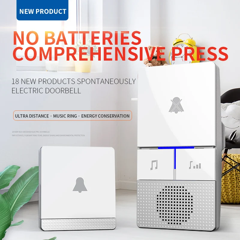 

REDEAGLE Self powered Waterproof Wireless DoorBell no battery Smart Cordless Door Bell 1 button 1 Receiver 110DB Sound