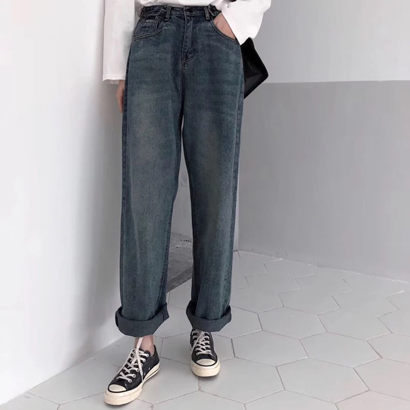 Весенние осенние женские модные брендовые винтажные джинсовые свободные широкие брюки в Корейском стиле, женские повседневные Студенческие Брюки из ткани