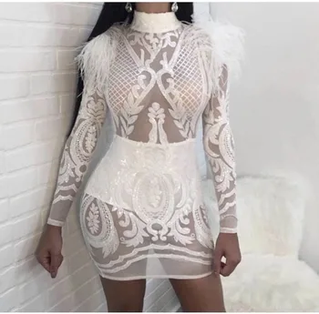

New Autumn Women's White Long Sleeve Hollow Out Bodycon Dress Sexy See Through Cocktail Party Elegant Dress Wholesale