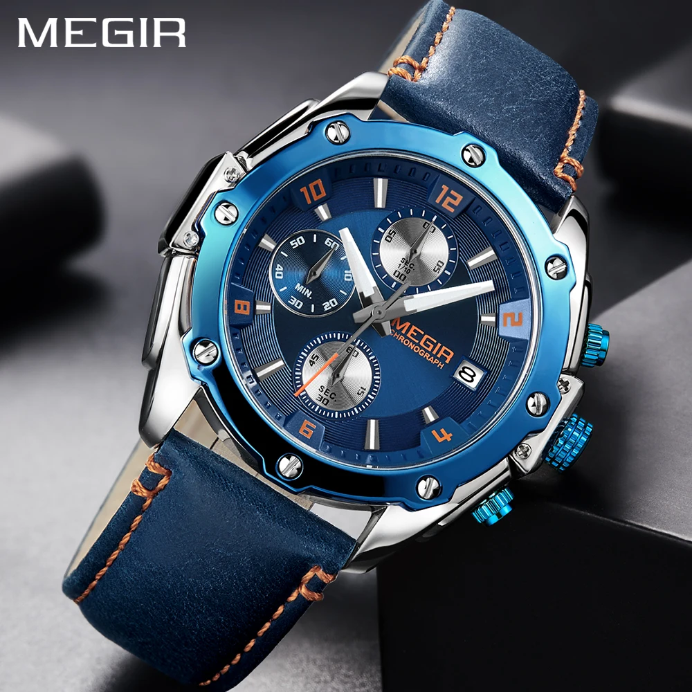 

New Fashion MEGIR Sports Mens Watches Top Brand Quartz Military Watch Men Blue Chronograph Leather Luxury Wrist Watch For Men