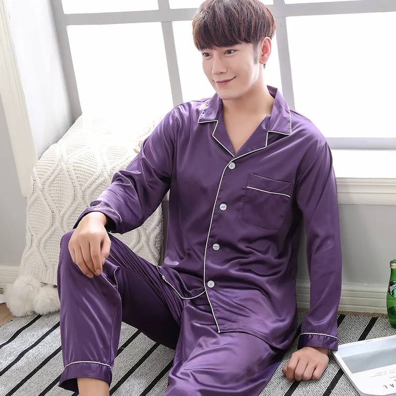 Purple Men Nightwear 2pc Shirt Pants Sleep Pajamas Sets Sleepwear Spring Autumn Rayon Silky Nightgown Robe Clothes L - XXXL cotton pajama pants