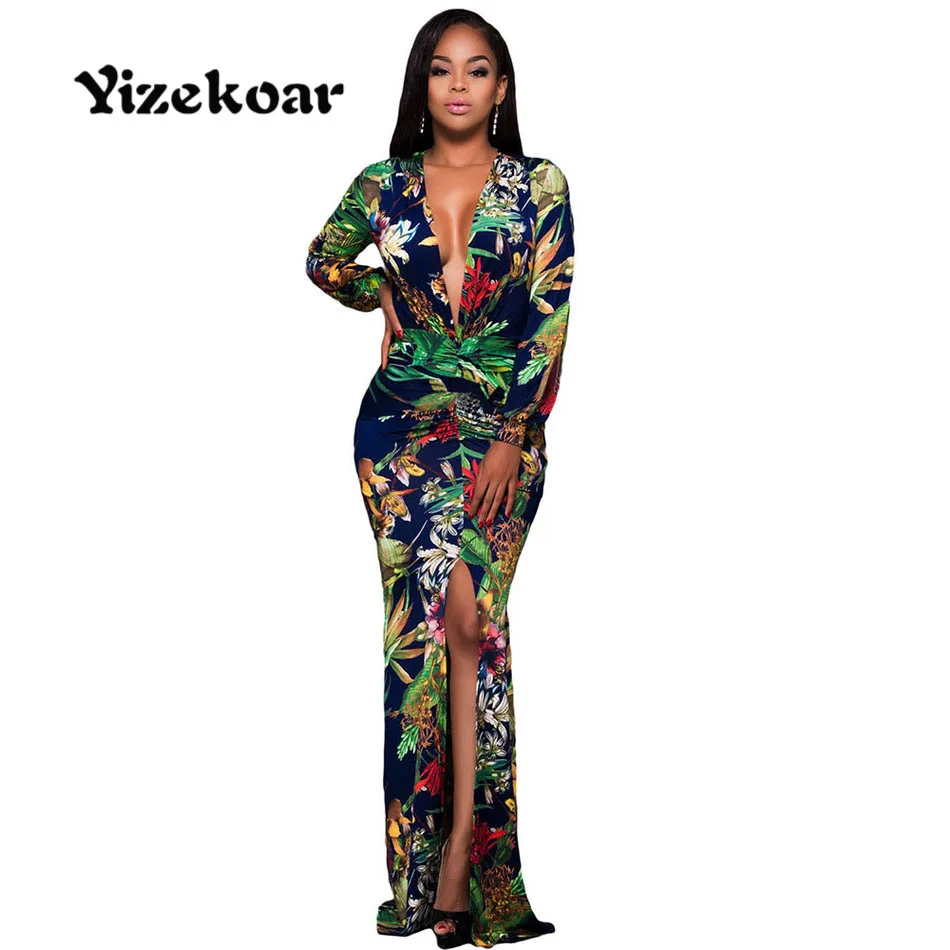Yizekoar Vintage 2017 Autumn Party Sexy Fashion Plunging V Neck Floral Print Front Slit Long Sleeve Maxi Dress Ruched Vestidos long-floral-maxi : image Yizekoar Vintage 2017 Autumn Party Sexy Fashion Plunging V Neck Floral Print Front Slit Long Sleeve Maxi Dress Ruched Vestidos long-floral-maxi