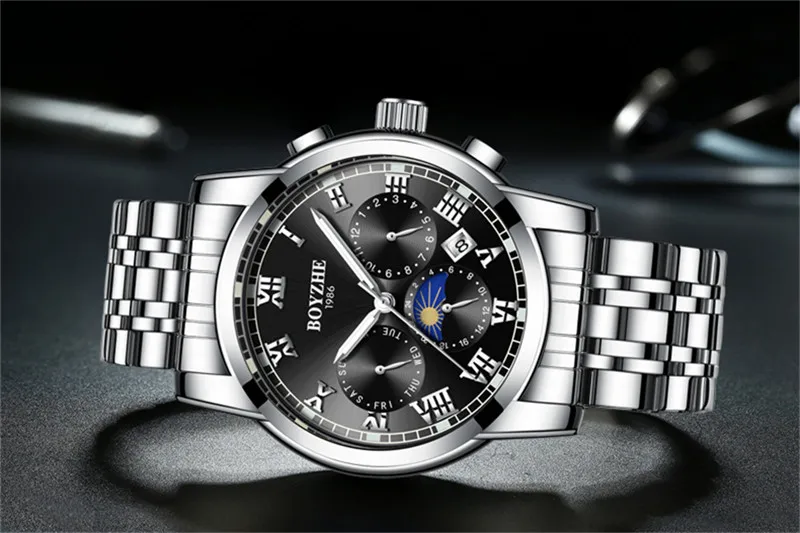BOYZHE watch luminous waterproof European and American explosive business sports automatic mechanical men s steel band watch
