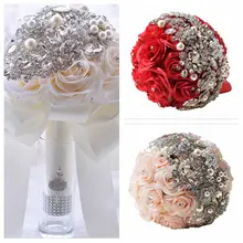 Искусственный шелк блестящее украшенное сверкающими кристаллами Свадебный букет с жемчугом для невесты лента Красный Розовый Белый слоновой кости Свадебный букет