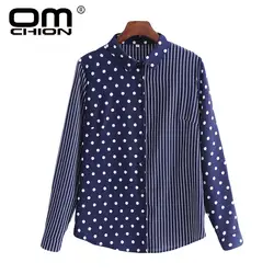 Omchion blusas Mujer 2018 новая горошек и Полосатый Лоскутная Блузка Для женщин отложным воротником Подпушка воротник Повседневная рубашка летние