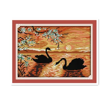 

Beautiful sunset cross stitch kit, Swan Lake animal handmade dmc line embroidery sewing with Chinese characteristics