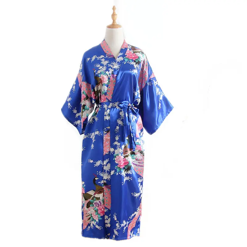 BZEL халаты невесты атласная Шелковая пижама халат для женщин свадебный халат цветочный халат Женское кимоно Женский банный Халат - Цвет: sapphire blue