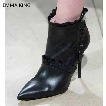 

New Ruffles Design Ankle Boots Women's Pointed Toe Black Leather Ladies Autumn Winter Shoes Sexy High Heels Woman Martin Boots