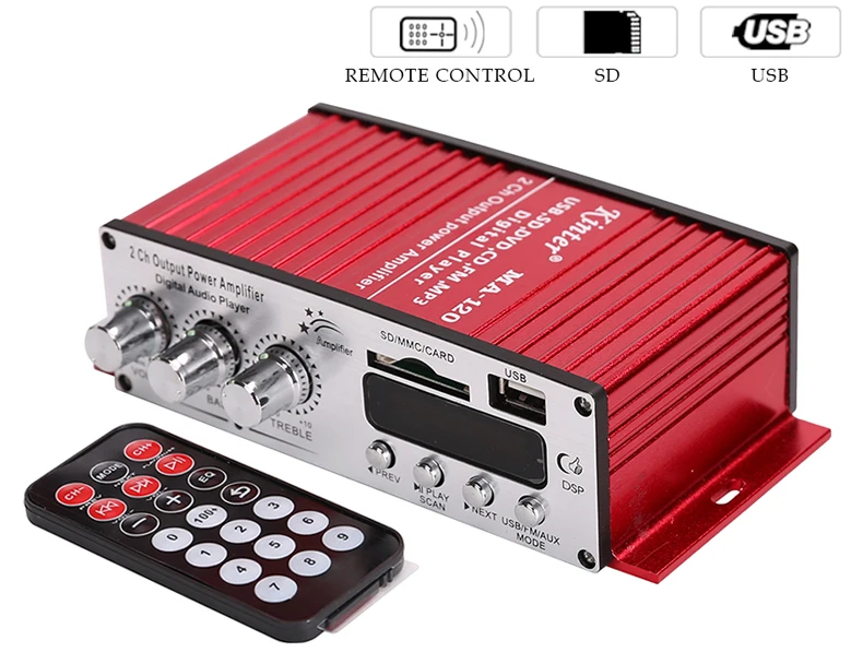 kinter MA-120 Mini Amplifier audio player 2.0 channel 20W AUX USB SD DC12V power input with FM radio led digital display remote control play stereo sound red aluminum enclosure in car home (27)
