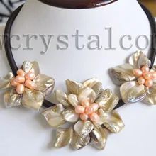 Очаровательная культивированный пресноводный жемчуг Белый В виде ракушки цветок Цепочки и ожерелья коричневые кожаные