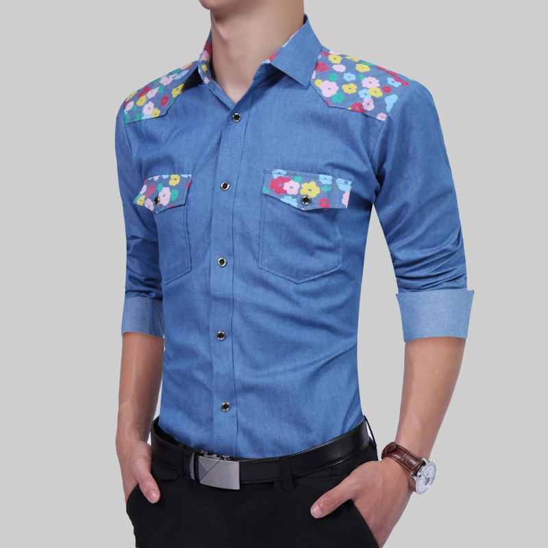 Бренд 2018 г. модные мужские рубашки с длинными рукавами Высокое качество цветок стежка Повседневная рубашка джинсовые Ткань мужская одежда