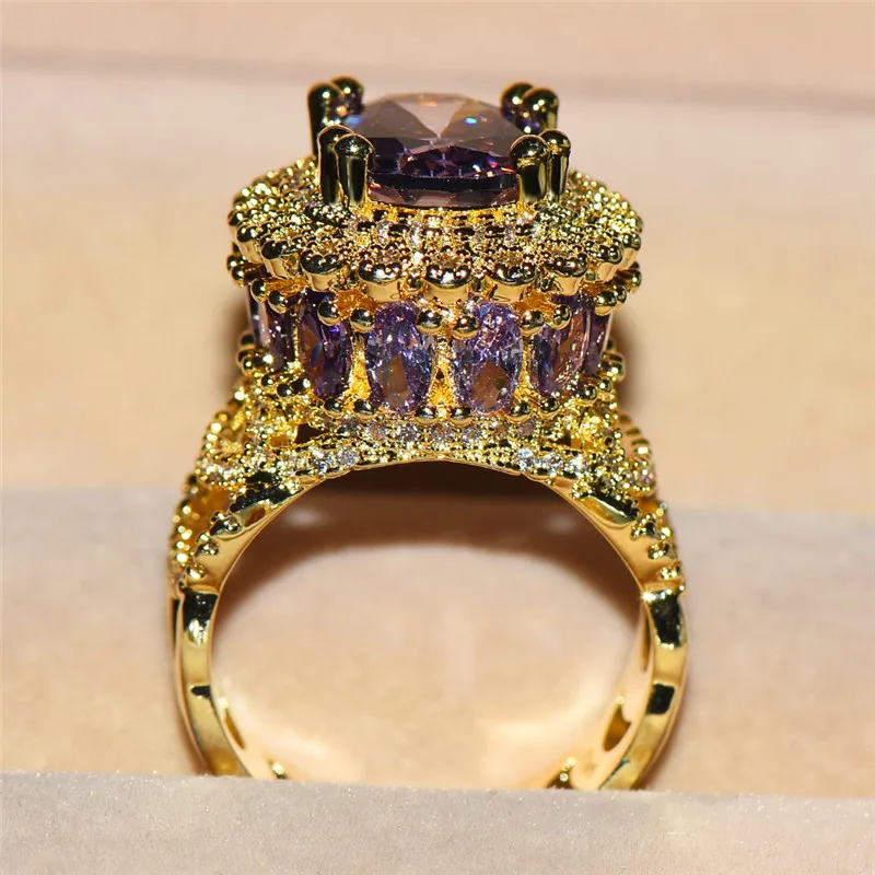 Роскошное женское большое кольцо на палец из желтого золота, винтажные обручальные кольца, большое красное пурпурное каменное кольцо, обручальное кольцо с надписью «Promise Love»