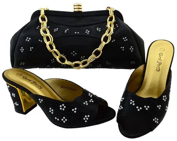 

Latest black high heel slip on shoes and handbag set with shinning stones BCH-40 multi color
