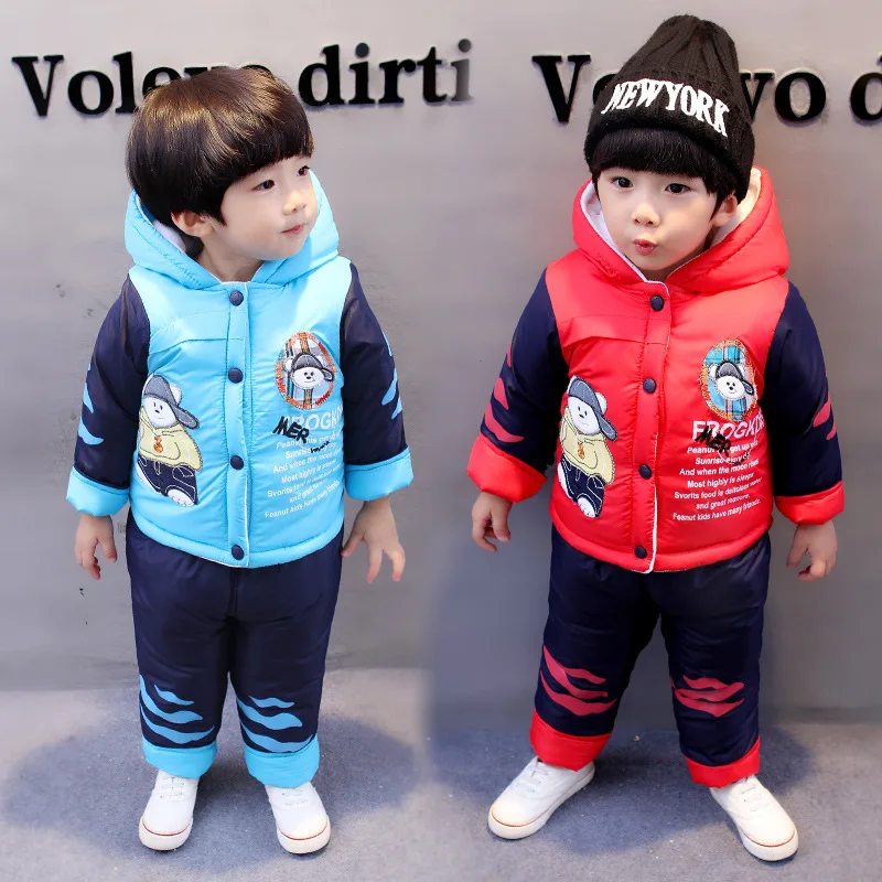 

new 2017 baby boy winter kids boys cotton-padded clothing set coats+pants warm with velvet jacket kid's fashion cartoon clothes