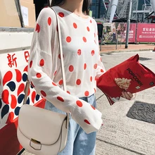 Женские футболки, топы, японские Kawaii Ladies Ulzzang, футболка в горошек с длинным рукавом, Женская Корейская Harajuku одежда для женщин