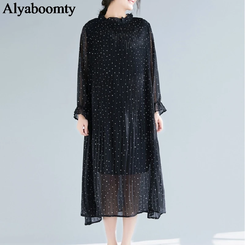 

Plus Size Spring Summer Women Long Dress Black Beige Polka Dot Oversized Female Vestidos Elegant Chiffon Pleated Korean Dresses