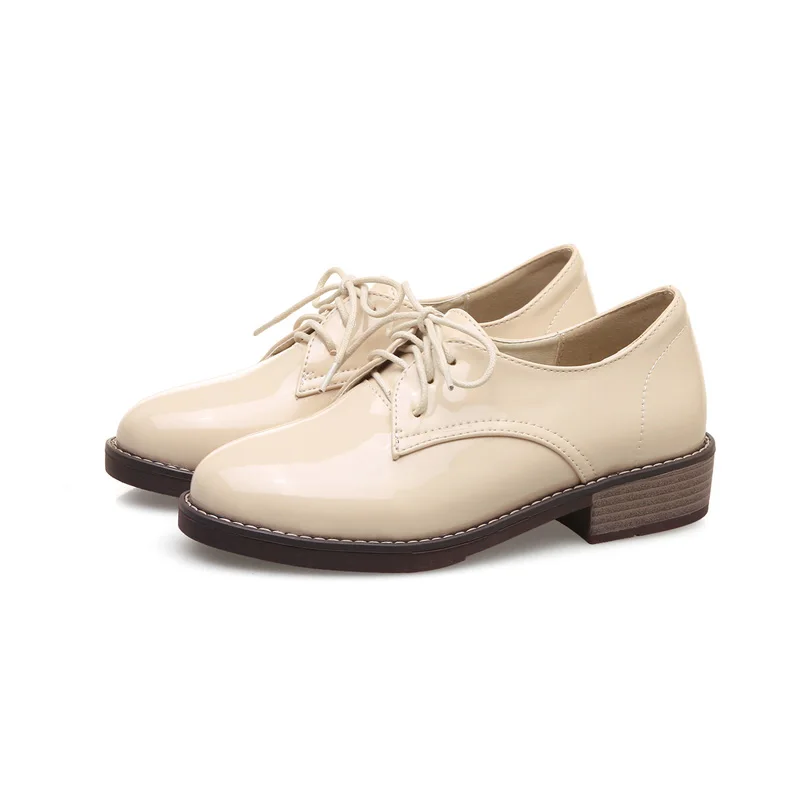 Oxfords Shoes Woman Casual Loafers Lace-Up Flats Fashion Brogue Shoes Patent PU Leather Women Shoes Plus Size Pink Beige Black (6)