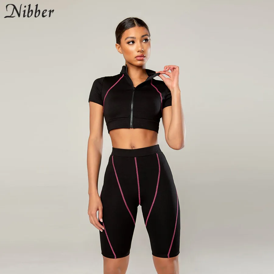 

Nibber fashion bodycon tops shorts Sportswear 2two pieces sets women2019 ummer Street casual zip tops black stretch shorts suits