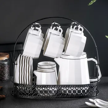 

Ceramic Coffee Set Europe Large Capacity Cold Water Coffee Pot with Rack Procelain Coffee Cup Set Sugar Milk Tank Mug