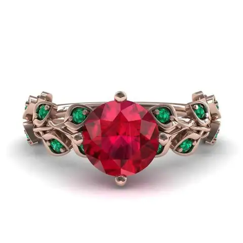 New Come Plant Women Ring Rose Green Leaves With Red Cubic Zircon Ethnic Romantic Proposal Ring For Girlfriends Wholesale