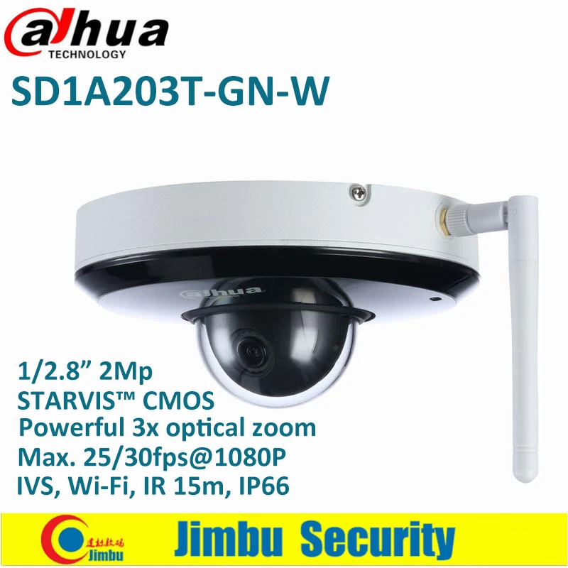 

Dahua PTZ 2MP 3x Starlight IR15 Network Camera SD1A203T-GN-W Support Wi-Fi 1/2.8'' 2Mp STARVI CMOS IVS IR 15m IP66