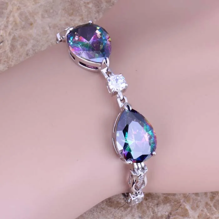 Блестящие Радуга кубического циркония 925 пробы серебро цепочка груша браслет 7-8 дюймов S0656