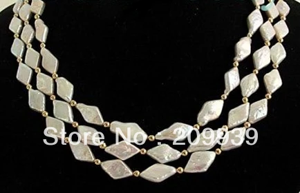 

FREE SHIPPING>>>@@ AS2965 3 Strand Luster White Rhombus Freshwater Pearl Necklace