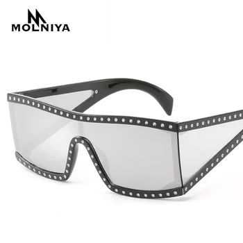 

MOLNIYA 2019 Oversized Shield Sunglasses Goggle One Piece Lens Big Vintage Sun Glasses Women With Rhinestones UV400 Windproof