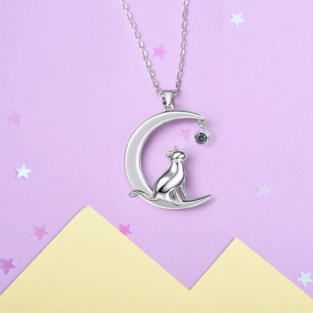 Silvercute кошка на Луне ожерелье для женщин девочек 925 пробы Серебряный котенок кулон и Топаз Камень хорошее ювелирное изделие подарок SCP6006B