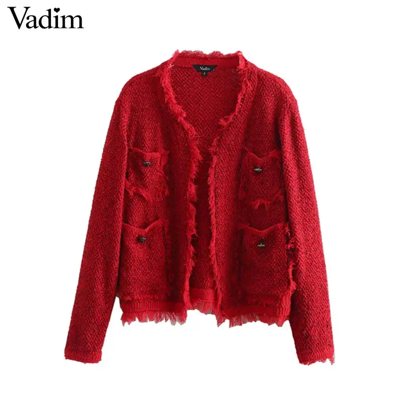 Vadim women red tweed short jacket fringe tassels open stitch buttons