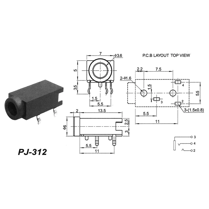 30pcs Jack 3 5mm Audio Connector Three pin Plug Headphone Jack PJ 312 Plug type Plastic Head Switch