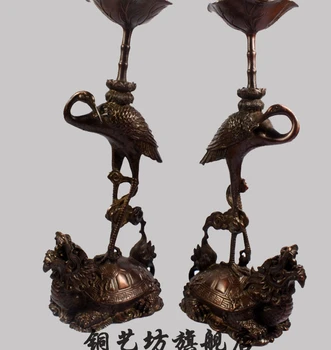 

18'' China Red Bronze Feng Shui A pair Dragon Turtle Crane Candlestick Statue